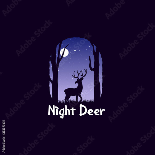 Night landscape in forest with deer. deer at midnight. Wildlife and panorama. - Vector