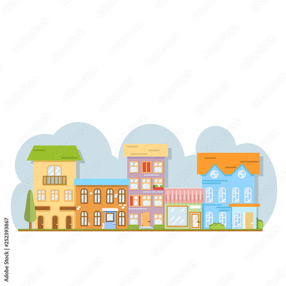 City street with Houses on  road in town. Flat cartoon style vector illustration.