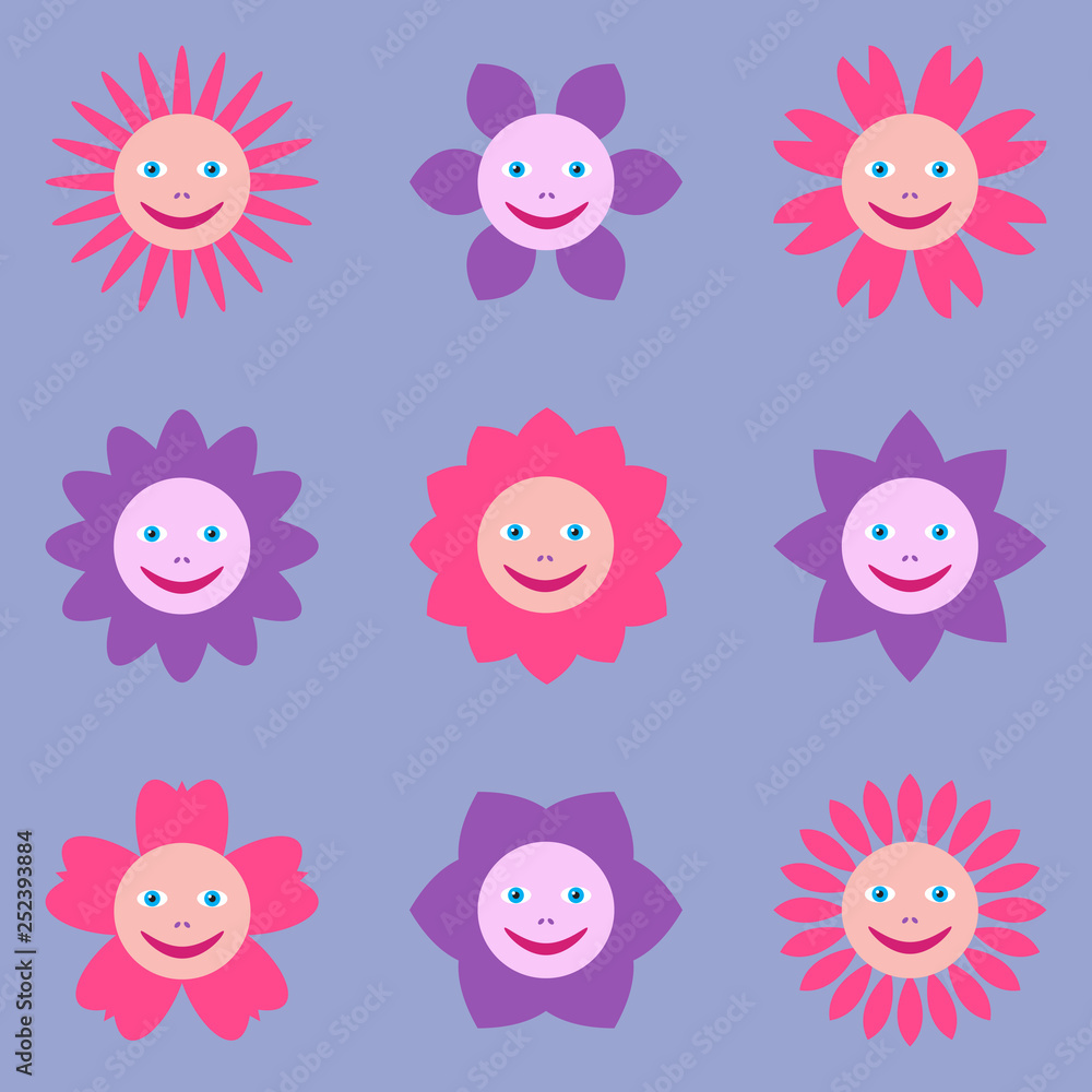 Seamless pattern with different flowers with human smiling faces. Multicolored illustration in cartoon style on lilac background. Seamless pattern with different flowers with human smiling faces. Multicolored illustration in cartoon style on lilac background.