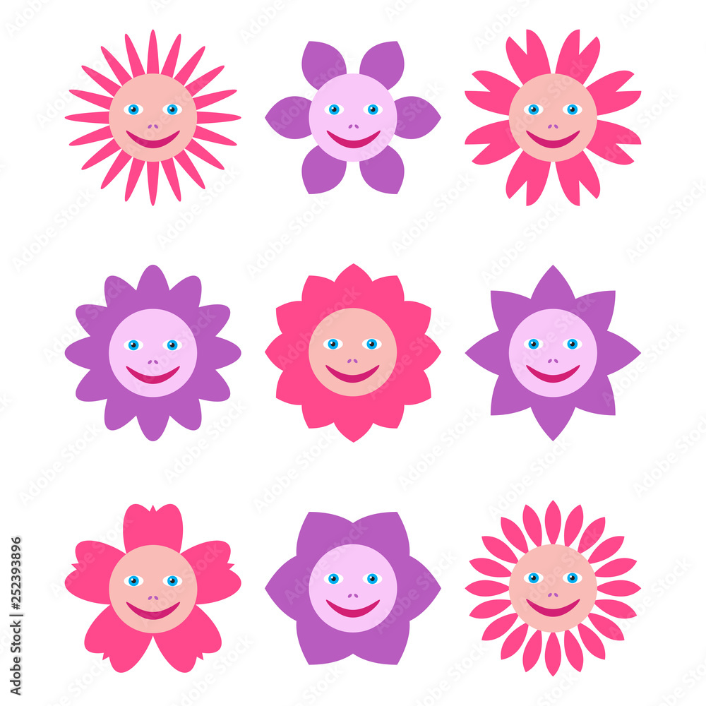 Set of different flowers with human smiling faces. Multicolored illustrations in cartoon style isolated on white background. Set of different flowers with human smiling faces. Multicolored illustrations in cartoon style isolated on white background.