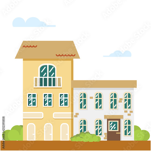 City street with Houses on road in town. Flat cartoon style vector illustration.