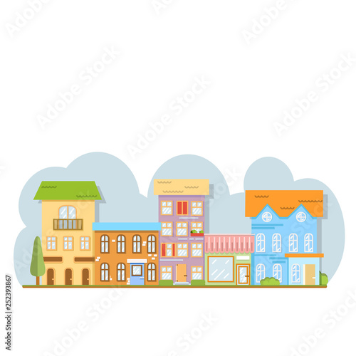 City street with Houses on road in town. Flat cartoon style vector illustration.