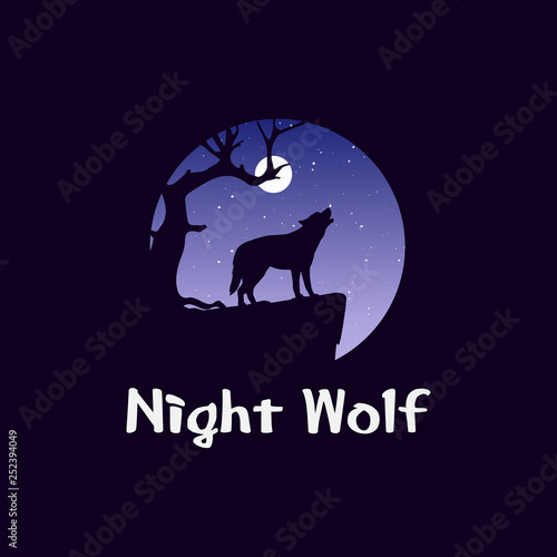 Night landscape in forest with wolf on rock. Wild dog howling in front of moon. Coyote at midnight. Wildlife and panorama. - Vector