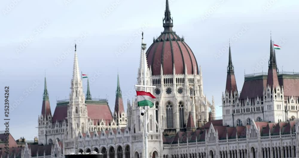 Hungarian flag waving on the wall of the parliament building in Budapest Hungary Hungarian flag waving on the wall of the parliament building in Budapest Hungary