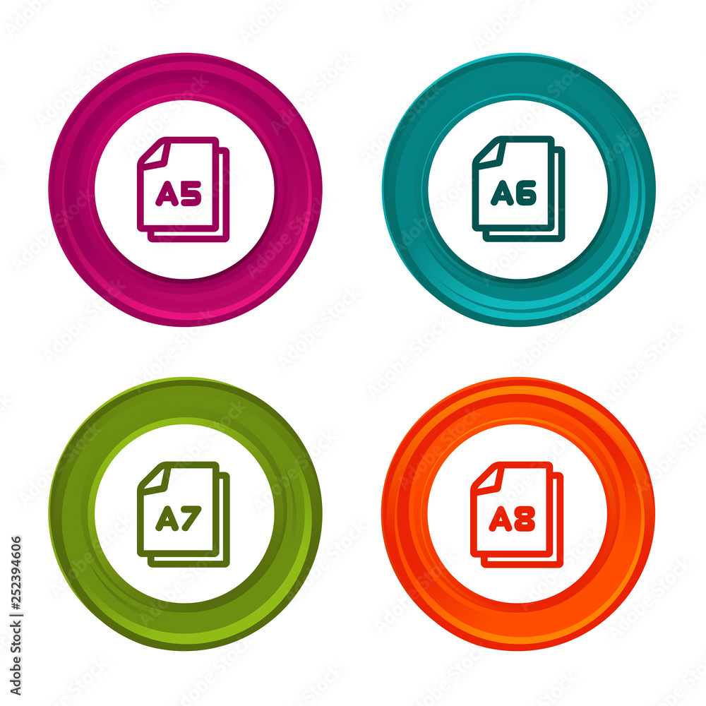 Paper size A5 A6 A7 A8 icons. Document symbol. Colorful web button with icon. Paper size A5 A6 A7 A8 icons. Document symbol. Colorful web button with icon.
