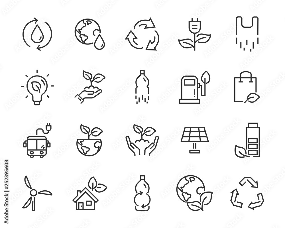 set of eco icons, such as clean energy, leaf, recycle, plastic