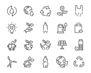 set of eco icons, such as clean energy, leaf, recycle, plastic