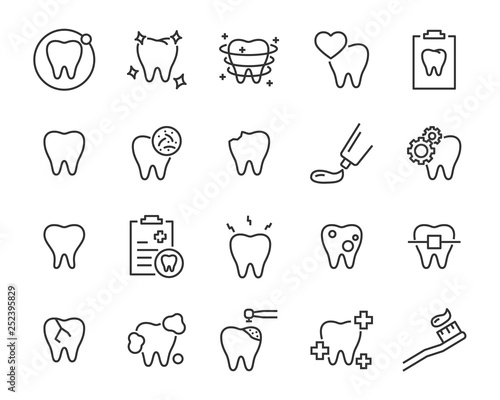 set of teeth icons, such as dental, tooth, brush, mouth, oral, pain photo