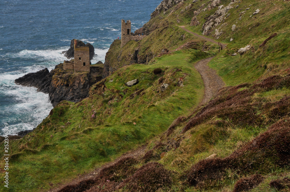 Spring view of The Botallack Mines on the cliffs in West Cornwall, England, UK