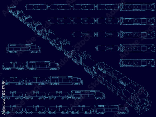 Vector set of wireframe polygonal trains and wagons from the blue lines on a dark background