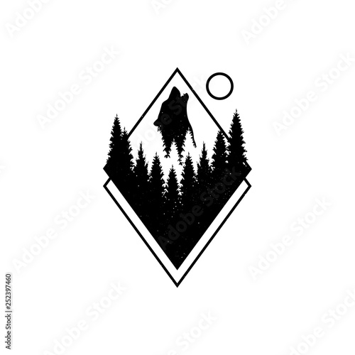 Hand drawn travel badge with fir trees and wolf. coyote. dog. textured vector illustrations. - Vector