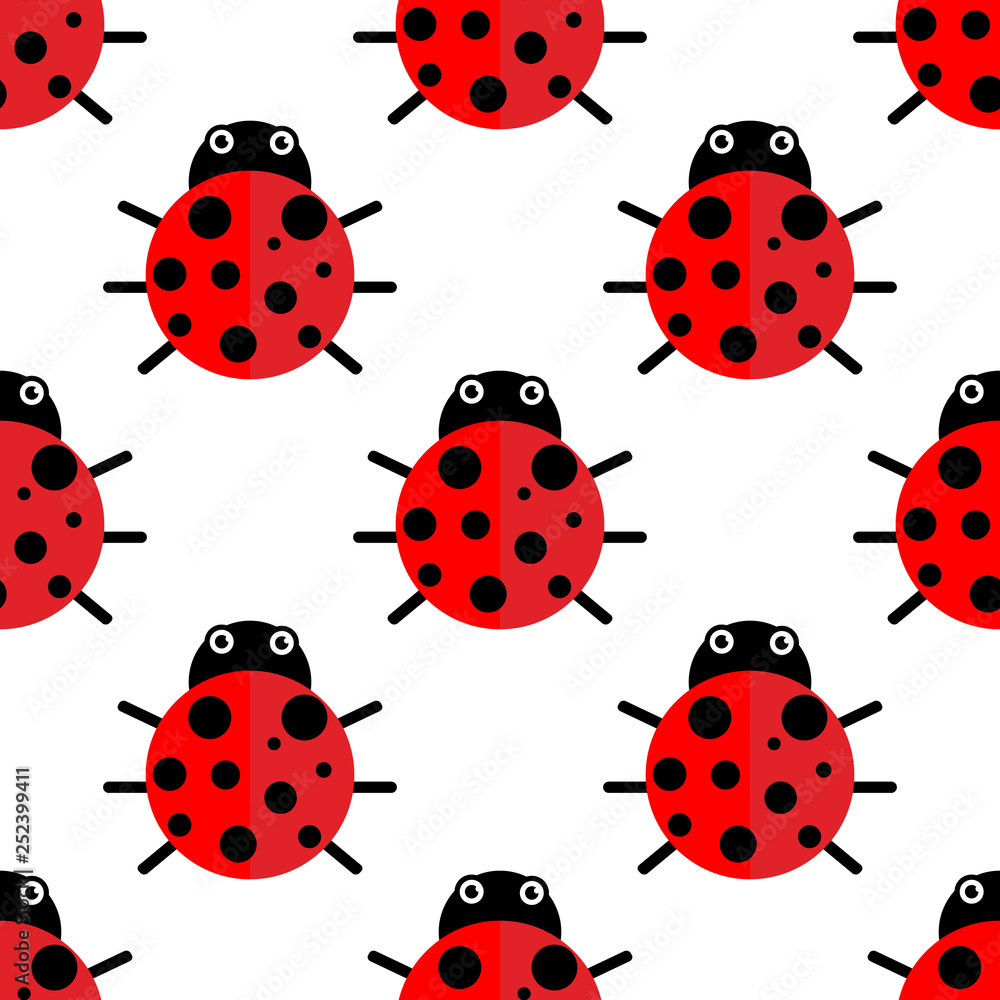 Ladybug or ladybird vector graphic illustration, isolated. Cute simple flat design of black and red lady beetle. Seamless ladybag pattern. Ladybug or ladybird vector graphic illustration, isolated. Cute simple flat design of black and red lady beetle. Seamless ladybag pattern.