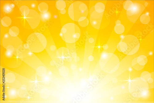 Yellow starburst background with sparkles. Shiny sun rays vector illustration with bokeh lights.