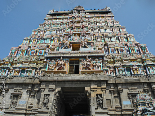 Tower of hindu temple with sculptures, India, Tamil nadu