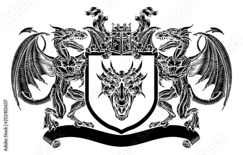 A medieval emblem heraldic coat of arms with dragon supporters flanking shield with knights helmet great helm and crown crest, filigree leaf mantling in vintage retro woodcut style.