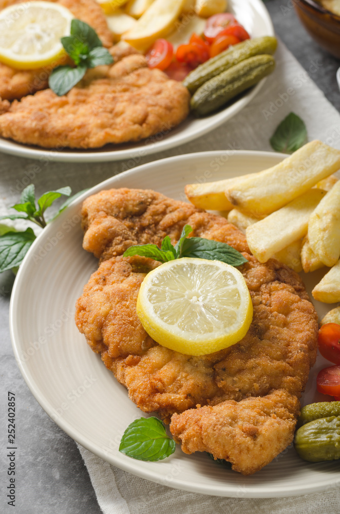 Homemade german schnitzel with pickles Homemade german schnitzel with pickles