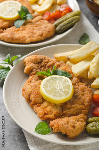 Homemade german schnitzel with pickles