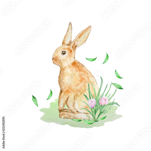 watercolor orange rabbit with leaves