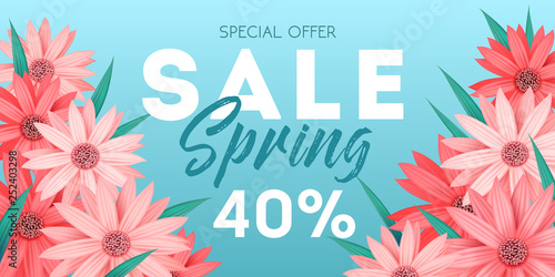 Spring sale banner, special offer, advertising with pink flowers