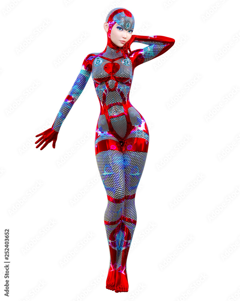 Cyborg droid robot woman futuristic metallic neon suit.Squama armor.Extravagant fashion art.Girl standing candid provocative pose.Realistic 3D rendering isolate illustration.Comic hero. Cyborg droid robot woman futuristic metallic neon suit.Squama armor.Extravagant fashion art.Girl standing candid provocative pose.Realistic 3D rendering isolate illustration.Comic hero.
