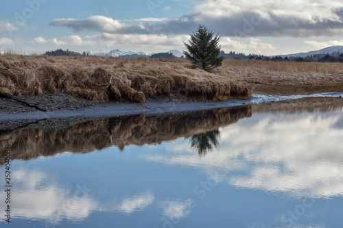 Reflection in the water clouds and mountains