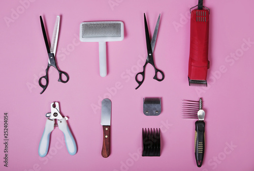 dog grooming tools and accessories set on pink background. pet care and hygienic concept, flat lay.
