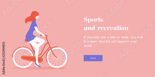 Redhead girl riding a bike. Horizontal banner with text. Sport and a healthy lifestyle. Vector flat illustration