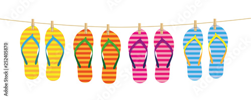 striped flip flops hang on a line attached with clothespins vector illustration EPS10