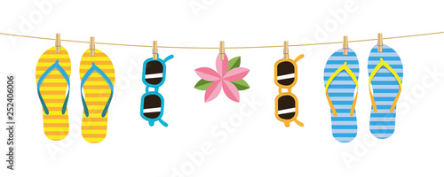 striped flip flops and sunglasses hang on a rope attached with clothespins vector illustration EPS10