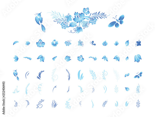 Set of blue watercolor flowers and bird with watercolor roses, crystals and butterflies in the bohemian style, decoration flower botanical collections. Traditional Russian style Gzhel.