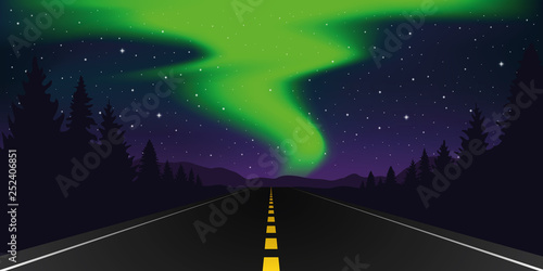 straight paved road with forest and mountain landscape and polar lights vector illustration EPS10