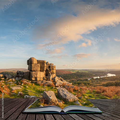 Stunning Autumn sunset landscape image of view from Leather Tor towards Burrator Reservoir in Dartmoor National Park coming out of pages of open story book photo