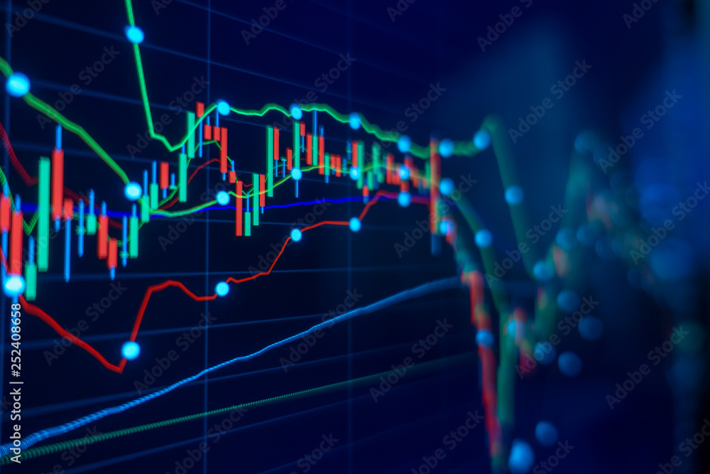 Stock market trading graph and candlestick chart for financial investment concept. Abstract finance background. - obrazy, fototapety, plakaty 