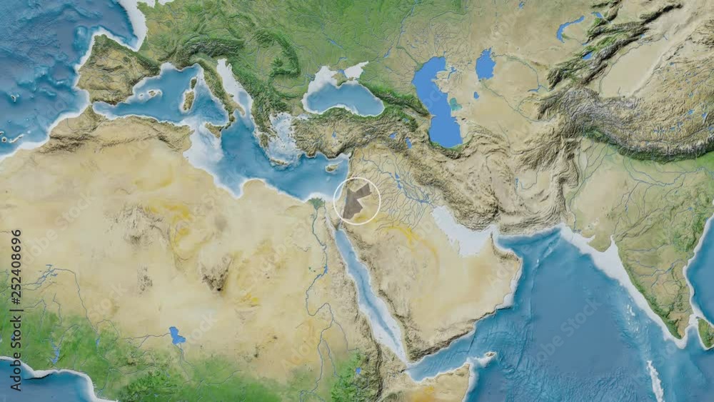 Jordan area presented against the global satellite map in the Fahey projection with animated oblique transformation Jordan area presented against the global satellite map in the Fahey projection with animated oblique transformation