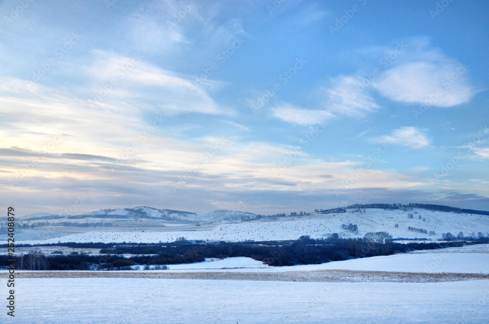 Winter morning in the mountains of the southern Urals