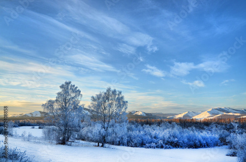 Winter morning in the mountains of the southern Urals