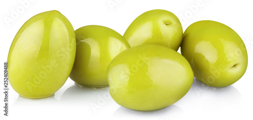 Delicious green olives, isolated on white background