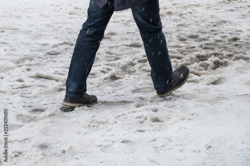 Feeds in wet snow on the street, dirty snow, walking through slush