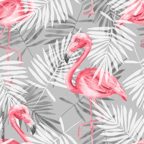 Tropical gray seamless pattern with flamingo. Watercolor illustration