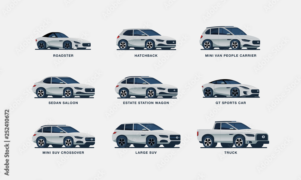 Set of nine clean illustrated cars, including sedan, suv, hatchback,  estate, sports car, truck and mini van vector de Stock | Adobe Stock