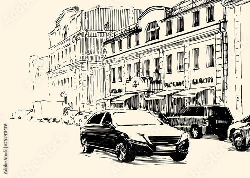 Vector city street scene. Freehand sketch style illustration.