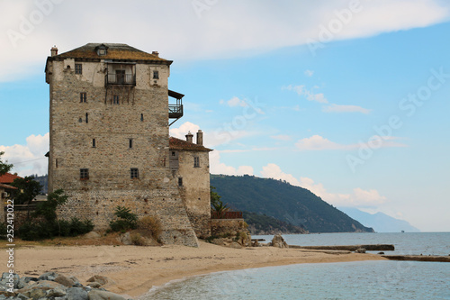 Old tower at the beach in Ouranoupoli  Athos peninsula  Chalkidiki  Greece