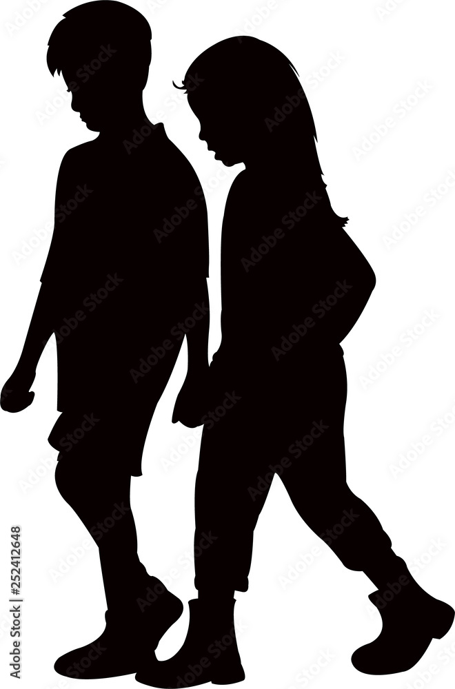 a boy and a girl playing together, silhouette vector