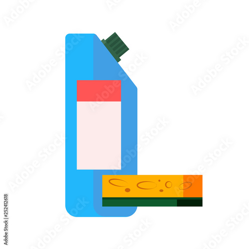 Detergent and sponge. Plastic bottle, cleanser, soap. Cleaning concept. Vector illustration can be used for topics like dish washing, chemicals, hygiene, disinfection