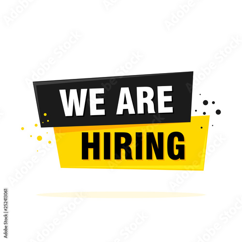 We are hiring label sign. Black and yellow origami style sticker. Vector illustration