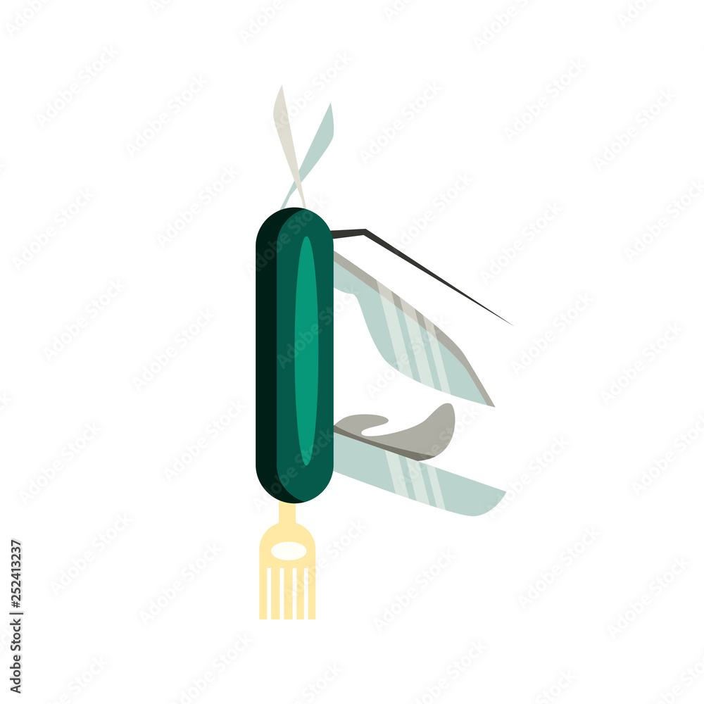 Multifunction pocket knife. Tool, fork, opener. Camping concept. Vector illustration can be used for topics like outdoor tourism, trekking, army Multifunction pocket knife. Tool, fork, opener. Camping concept. Vector illustration can be used for topics like outdoor tourism, trekking, army