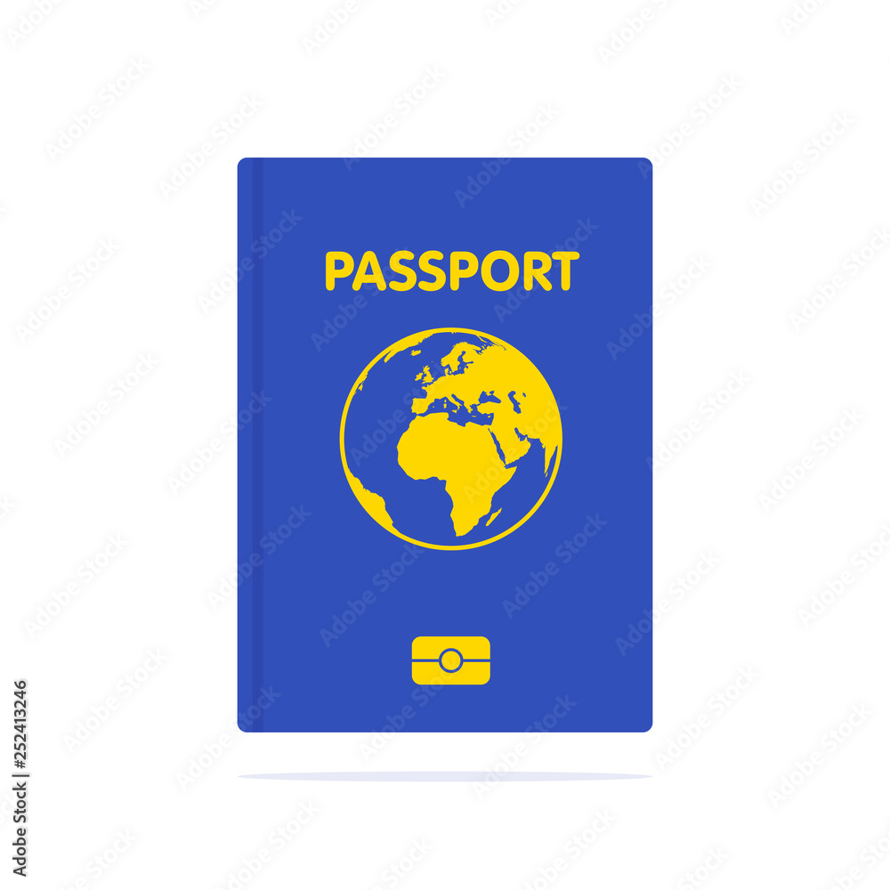 Blue passport isolated on white. International identification document for travel. Vector image about identification, travel, check-in, tourism, passport control, vacation, citizenship, trip