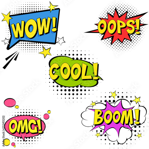 Comic speech bubbles. Pop art vector label illustration. Vintage book poster. Colored funny font. 