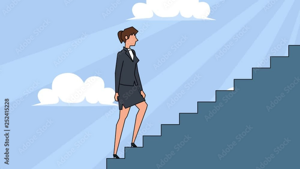 Flat cartoon businesswoman character goes up the career ladder stairs concept animation Flat cartoon businesswoman character goes up the career ladder stairs concept animation