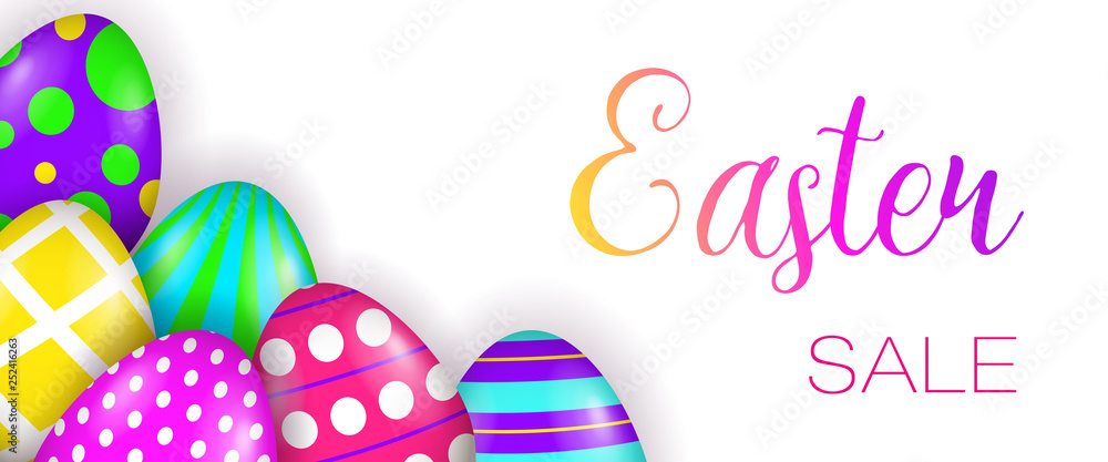Easter Sale lettering and painted eggs. Easter offer advertising design. Handwritten and typed text, calligraphy. For leaflets, brochures, invitations, posters or banners.